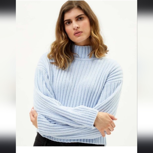 New Dusty Blue Ribbed Mock-Neck Pullover cropped - Picture 2 of 4
